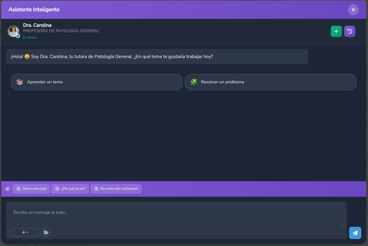 Interfaz del asistente IA con herramientas de aprendizaje y dashboard